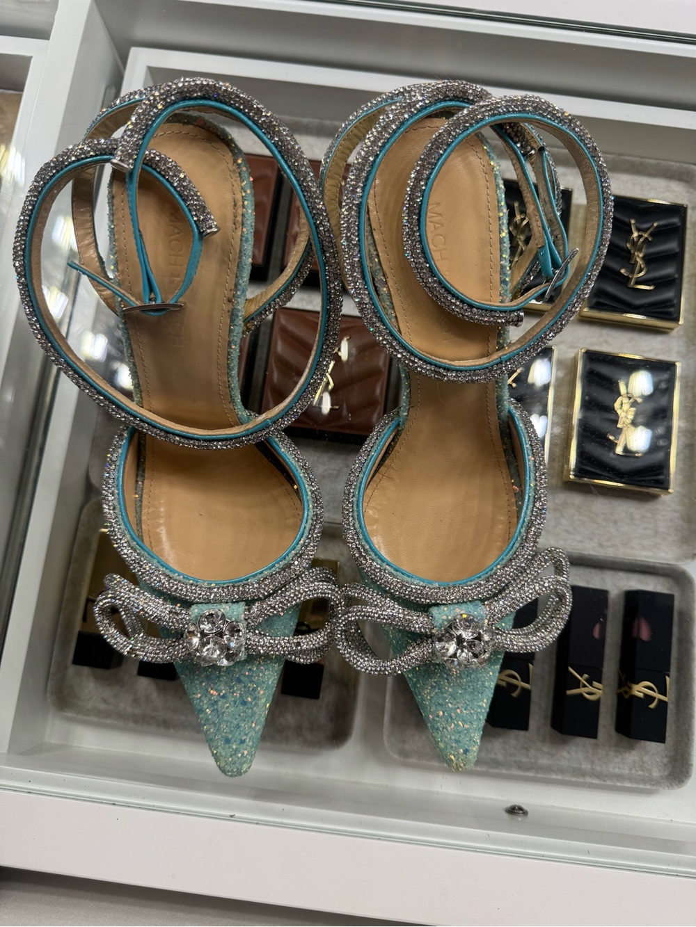 MACH & MACH Turquoise Crystal-Embellished Pointed Ankle-Strap Heels